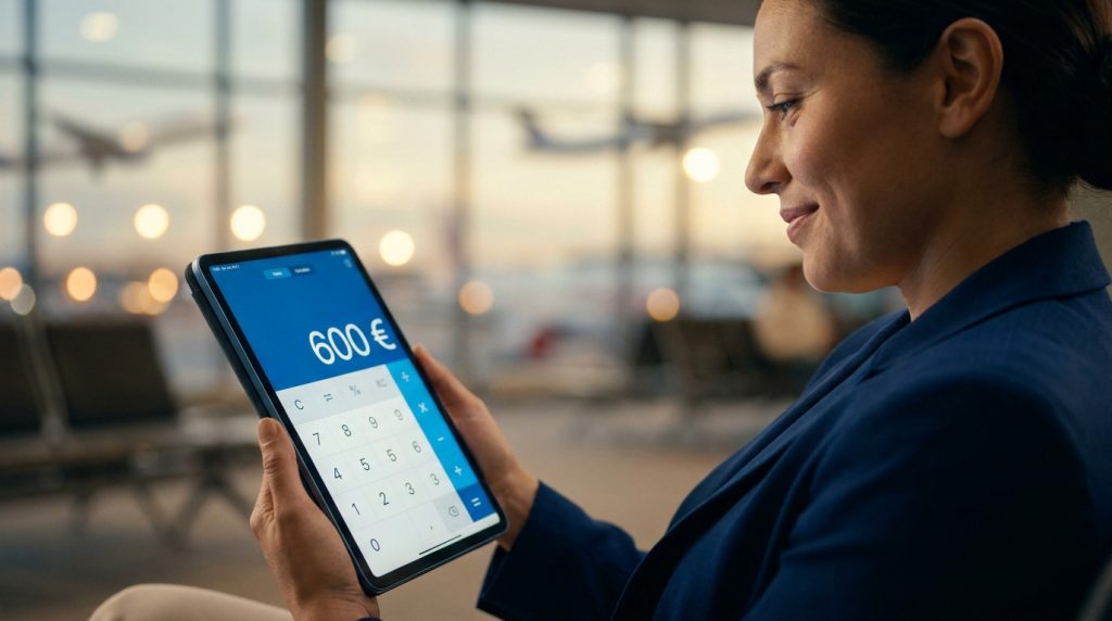 Une voyageuse utilise une tablette dans un aéroport pour calculer une indemnité de 600 € affichée à l'écran.