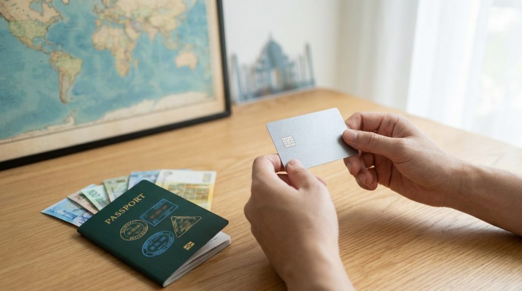 Mains tenant une carte bancaire vide près d'un passeport, de billets de banque et d'une carte du monde sur un bureau.