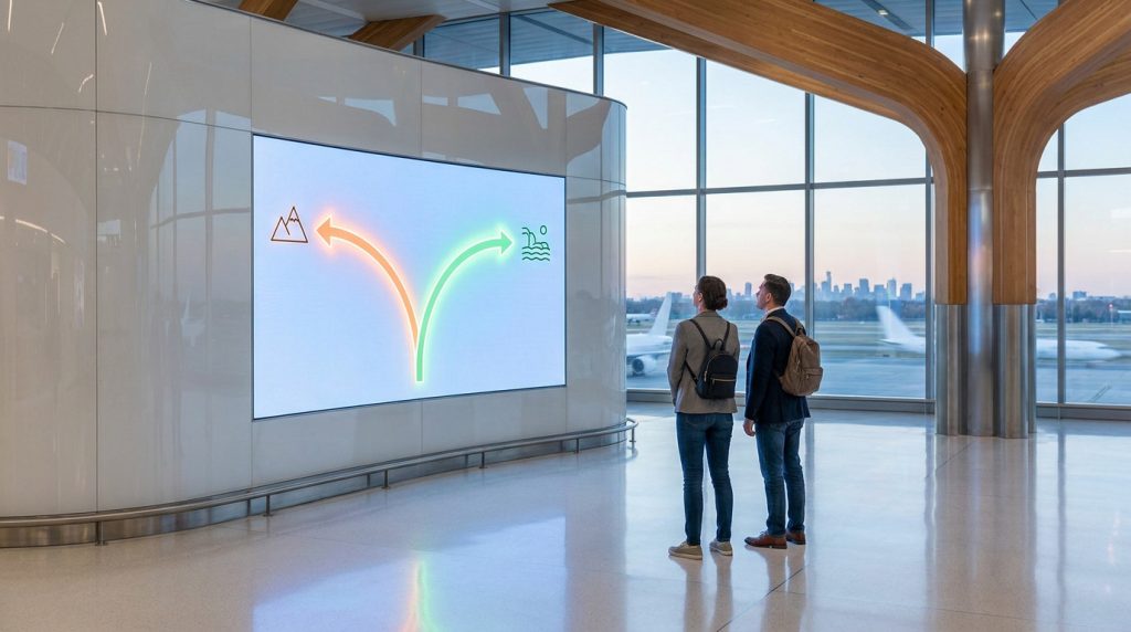 Deux voyageurs dans un aéroport regardent un écran affichant une bifurcation vers la montagne ou la mer.