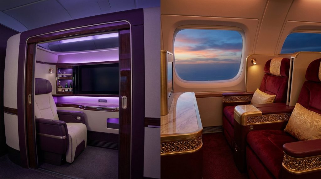 Comparaison côte à côte de suites en première classe ou classe affaires avec des designs intérieurs distincts.