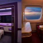 Comparaison côte à côte de suites en première classe ou classe affaires avec des designs intérieurs distincts.