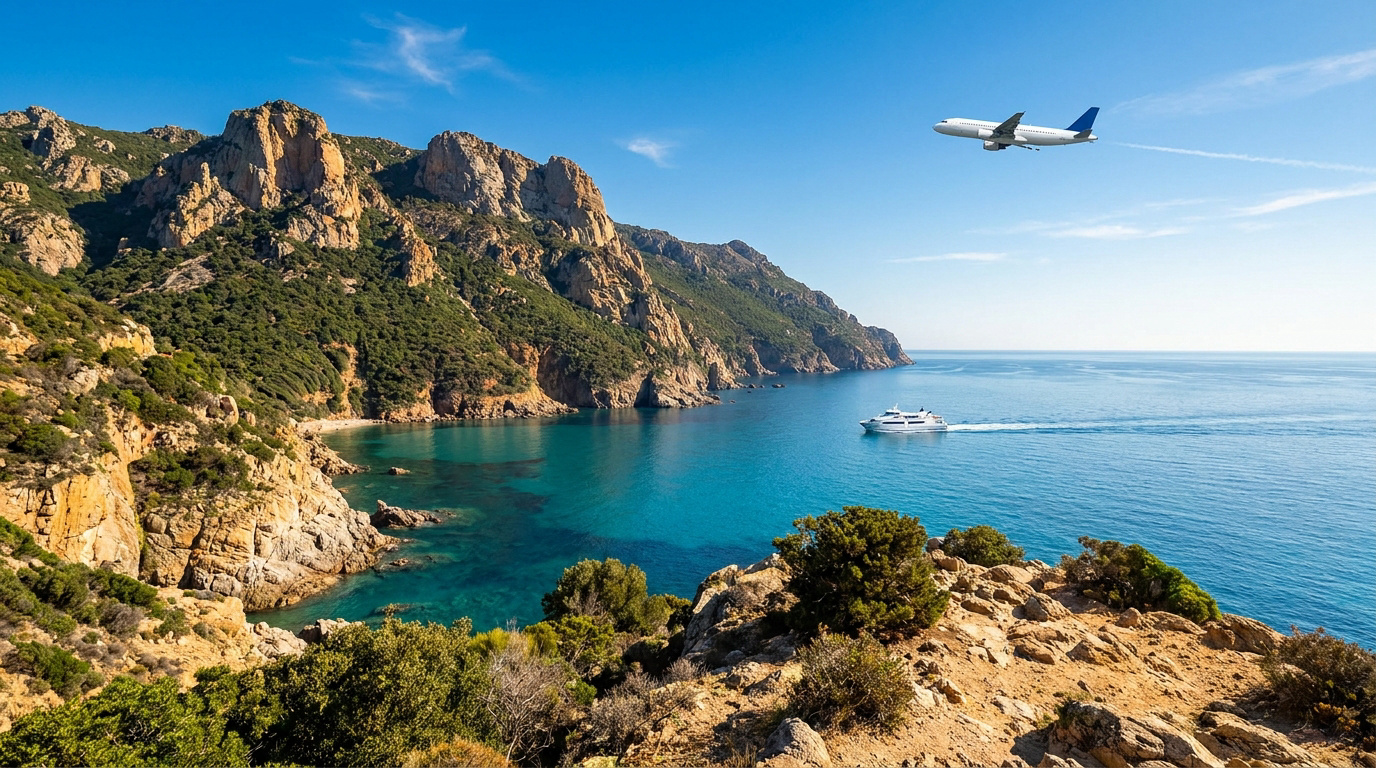 Un avion survole un ferry naviguant dans une baie aux eaux turquoise près des falaises escarpées de la Corse.