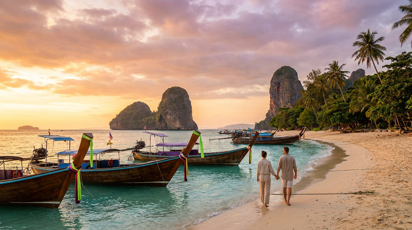Un couple se promène sur une plage paradisiaque de Thaïlande au coucher du soleil avec des bateaux traditionnels.