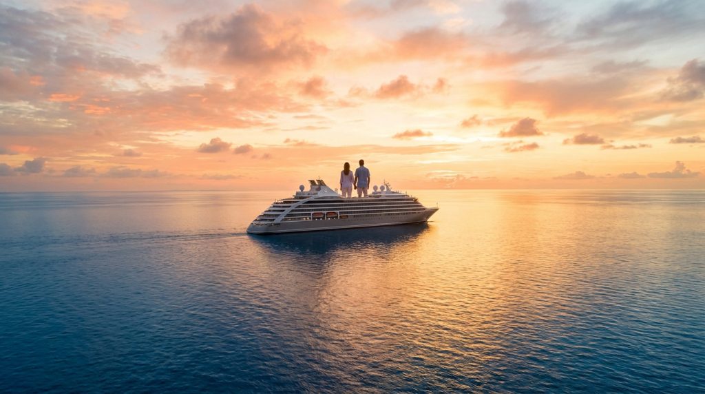 Un couple debout sur le pont d'un navire de croisière naviguant sur une mer calme lors d'un magnifique coucher de soleil.