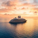 Un couple debout sur le pont d'un navire de croisière naviguant sur une mer calme lors d'un magnifique coucher de soleil.