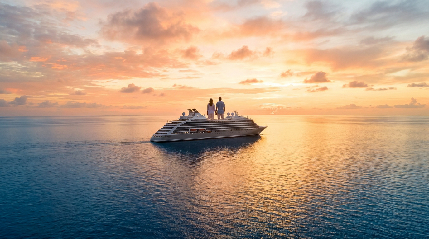 Un couple debout sur le pont d'un navire de croisière naviguant sur une mer calme lors d'un magnifique coucher de soleil.