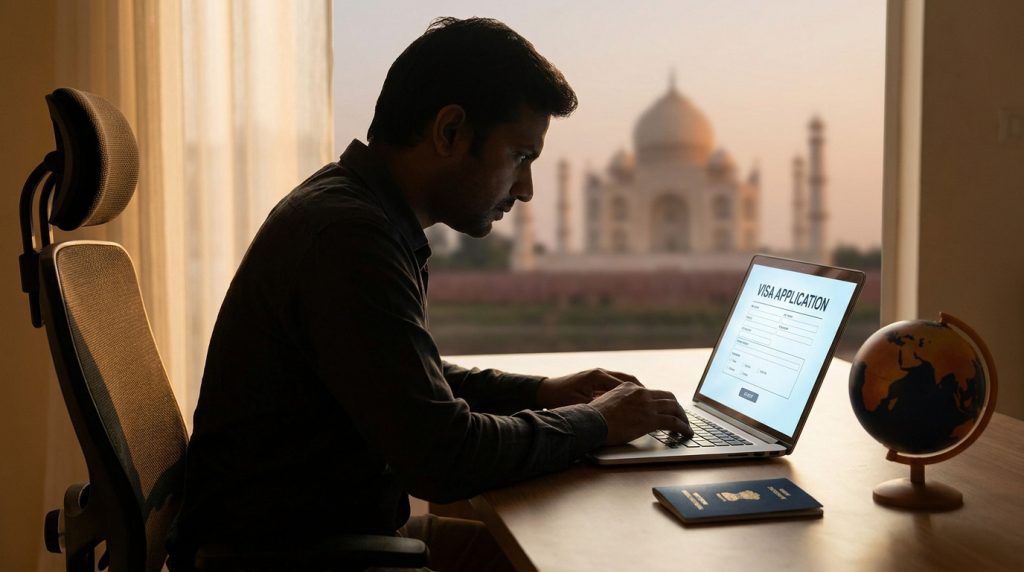 Un homme remplit une demande de visa en ligne sur son ordinateur portable avec le Taj Mahal en arrière-plan.