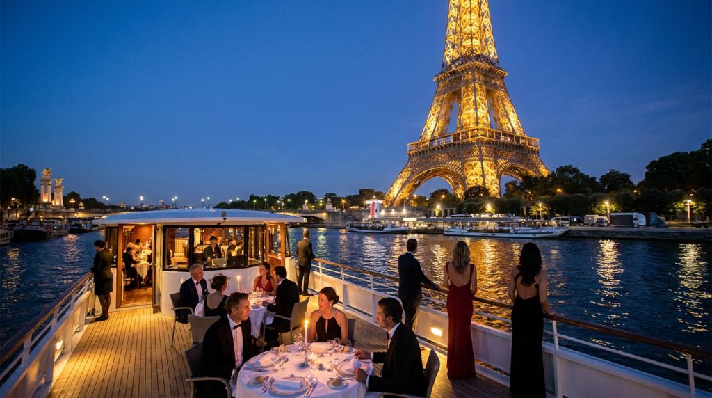 Couple et invités dînant sur le pont d'un bateau sur la Seine avec la Tour Eiffel illuminée en arrière-plan.