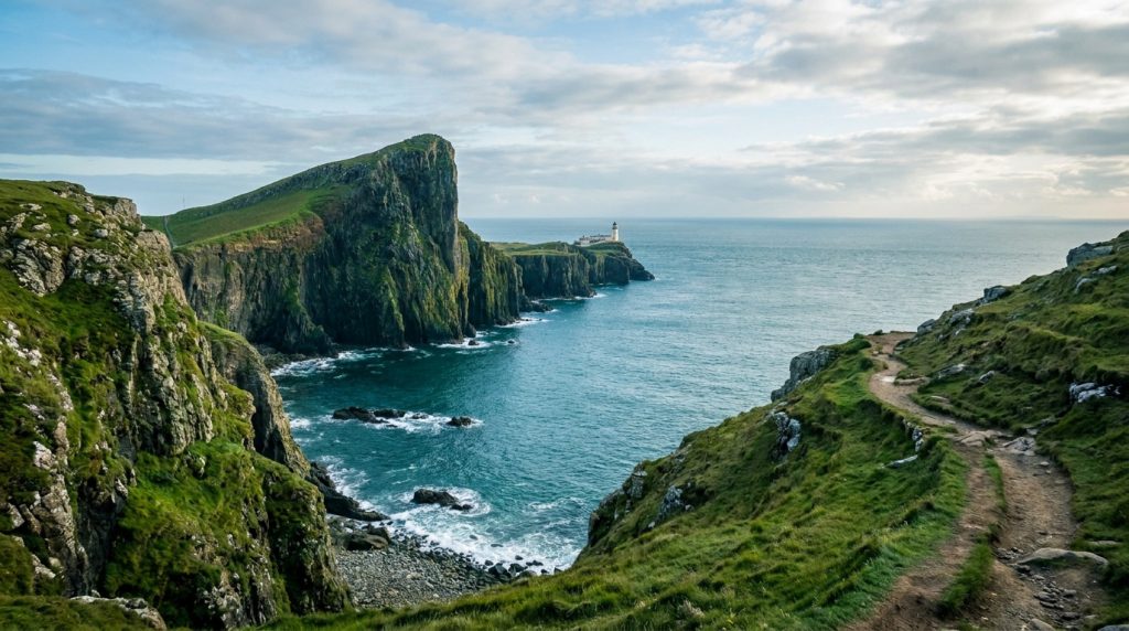 Phare de Neist Point au sommet de falaises verdoyantes surplombant l'océan Atlantique en Écosse.