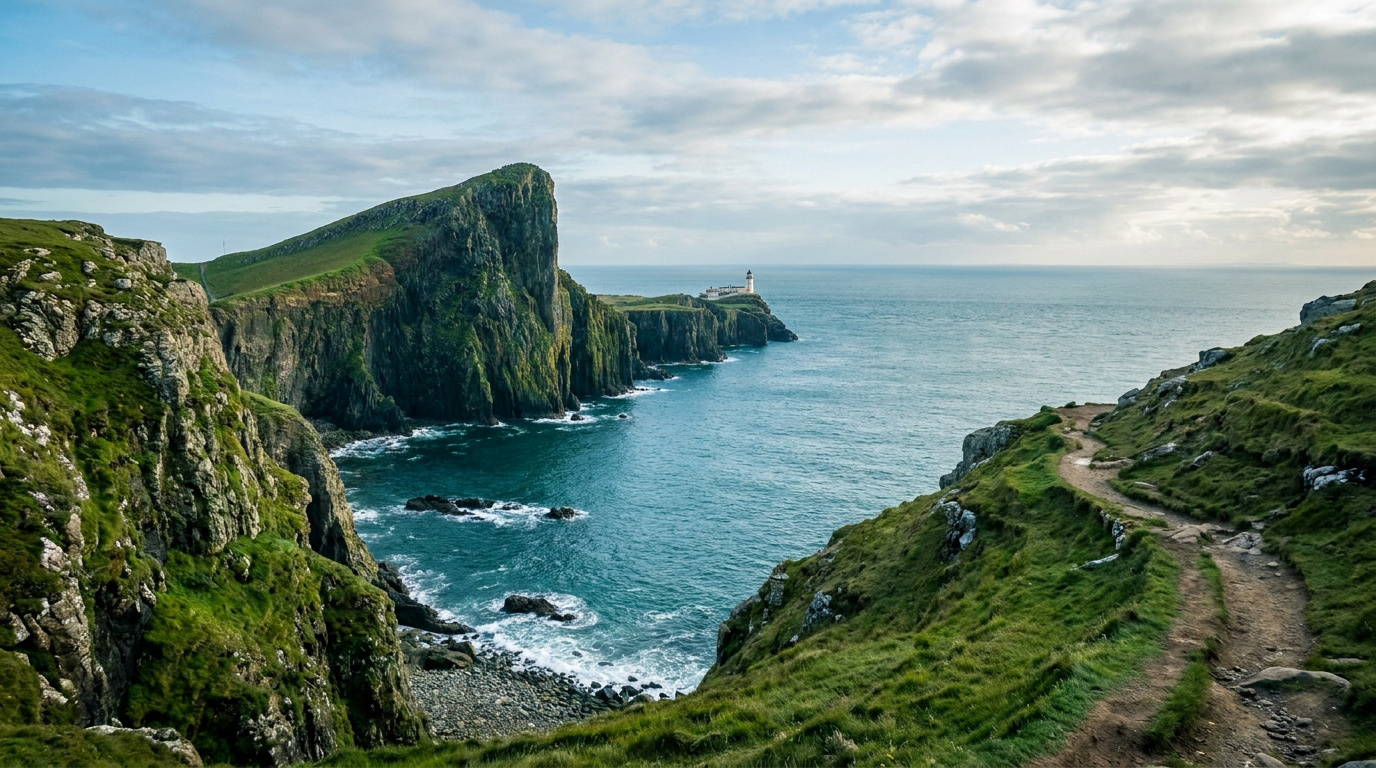 Phare de Neist Point au sommet de falaises verdoyantes surplombant l'océan Atlantique en Écosse.