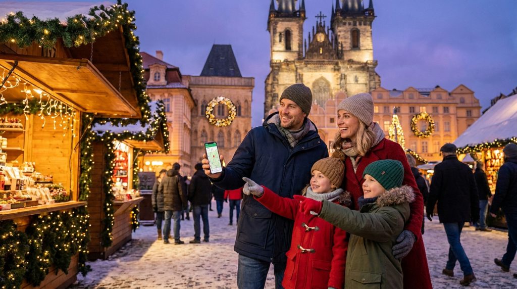 Une famille souriante consulte une carte sur un smartphone devant un marché de Noël à Prague.