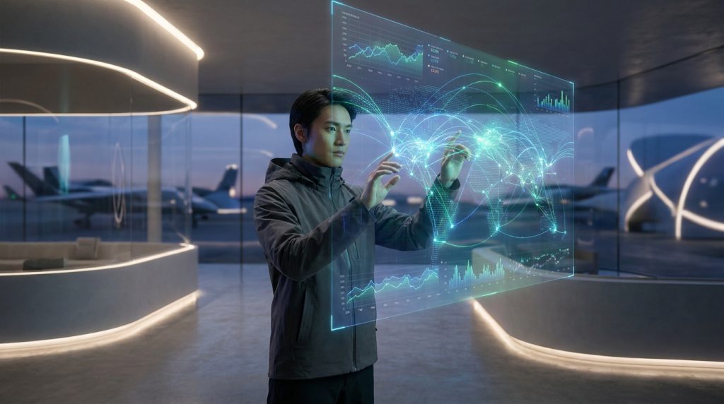 Un homme interagit avec un écran holographique affichant des données de vol mondiales dans un aéroport futuriste.
