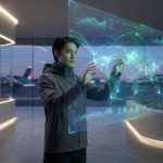 Un homme interagit avec un écran holographique affichant des données de vol mondiales dans un aéroport futuriste.