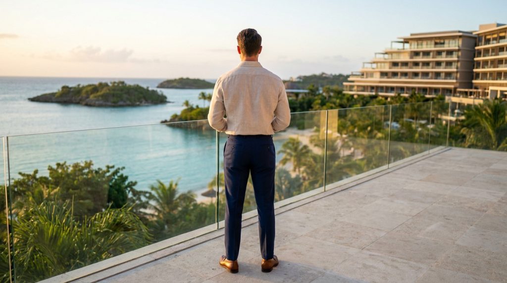 Un homme de dos sur une terrasse d'hôtel luxueux face à une mer tropicale au coucher du soleil.