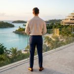 Un homme de dos sur une terrasse d'hôtel luxueux face à une mer tropicale au coucher du soleil.