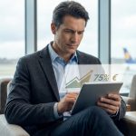 Un homme d'affaires consulte une tablette avec un graphique montrant 75 % dans un salon d'aéroport.