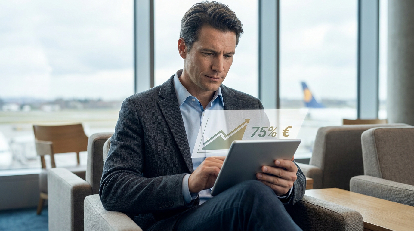 Un homme d'affaires consulte une tablette avec un graphique montrant 75 % dans un salon d'aéroport.