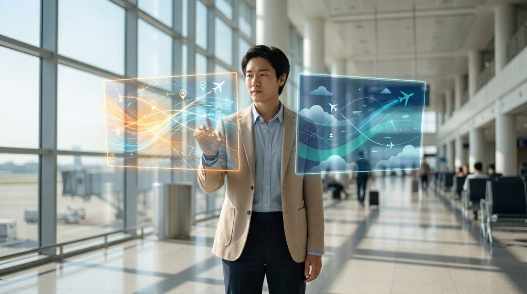 Un homme d'affaires interagit avec deux écrans holographiques affichant des données de vol dans un aéroport.