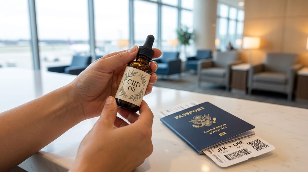 Mains tenant une fiole d'huile de CBD avec un passeport américain et une carte d'embarquement dans un aéroport.