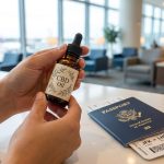 Mains tenant une fiole d'huile de CBD avec un passeport américain et une carte d'embarquement dans un aéroport.