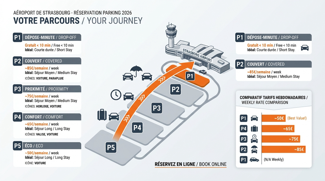 Infographie des tarifs et zones de parking aéroport Strasbourg 2026