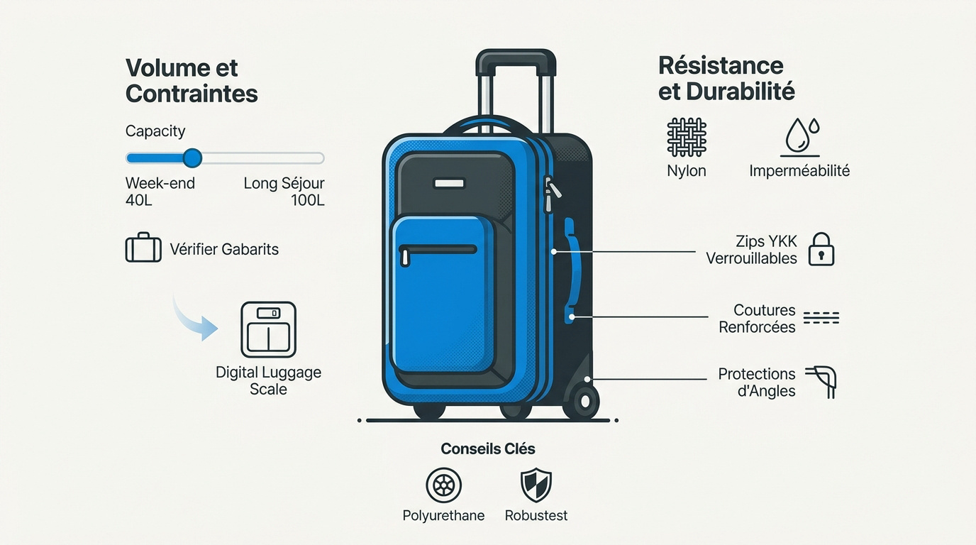 Infographie comparative des volumes et de la résistance des sacs de voyage à roulettes pour 2026