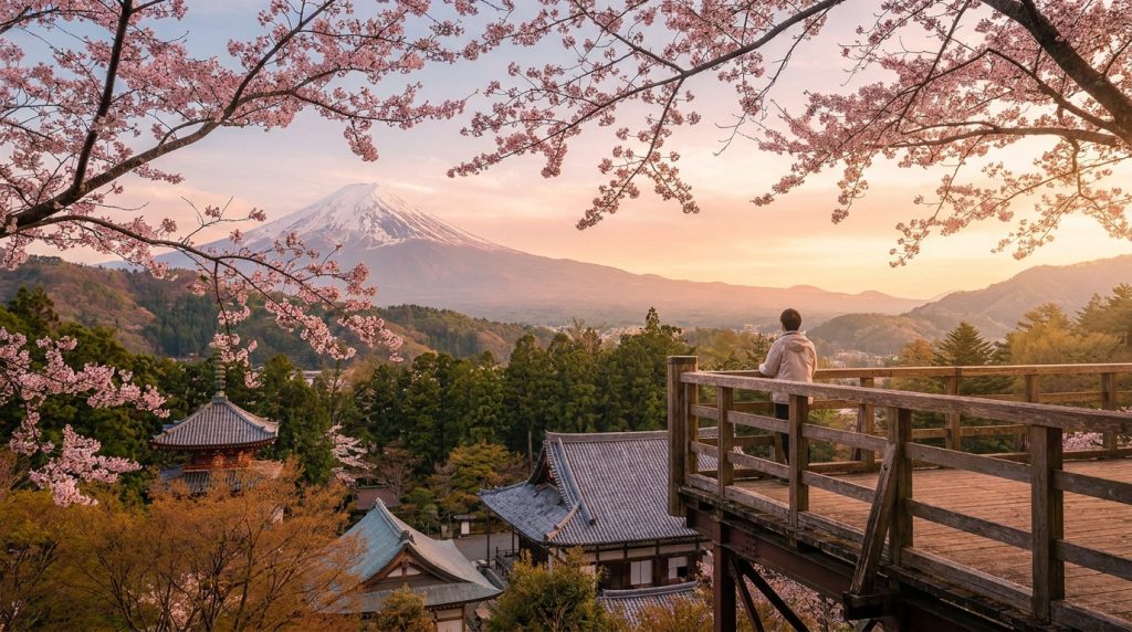 Une personne sur une terrasse en bois admirant le mont Fuji avec des cerisiers en fleurs au premier plan.