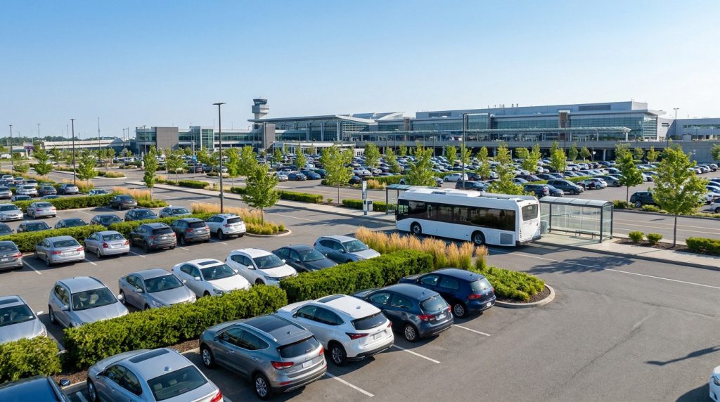Vue aérienne du parking de l'aéroport de Beauvais avec de nombreuses voitures et une navette de bus blanche.