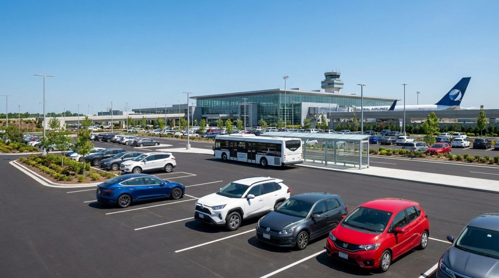 Vue aérienne du parking de l'aéroport avec des voitures garées, une navette et le terminal en arrière-plan sous un ciel bleu.