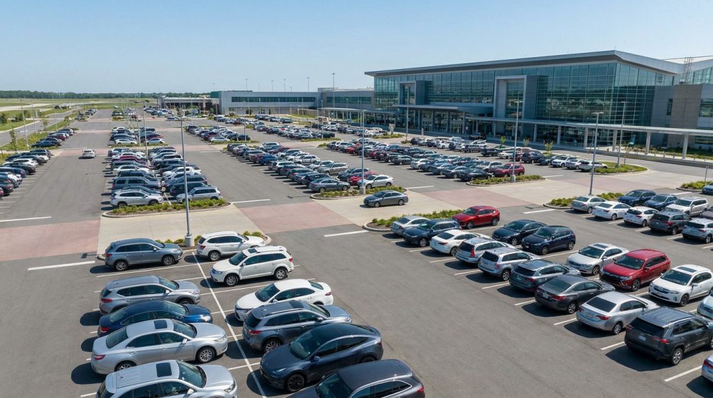 Vue aérienne d'un grand parking extérieur d'aéroport rempli de voitures devant un terminal moderne.