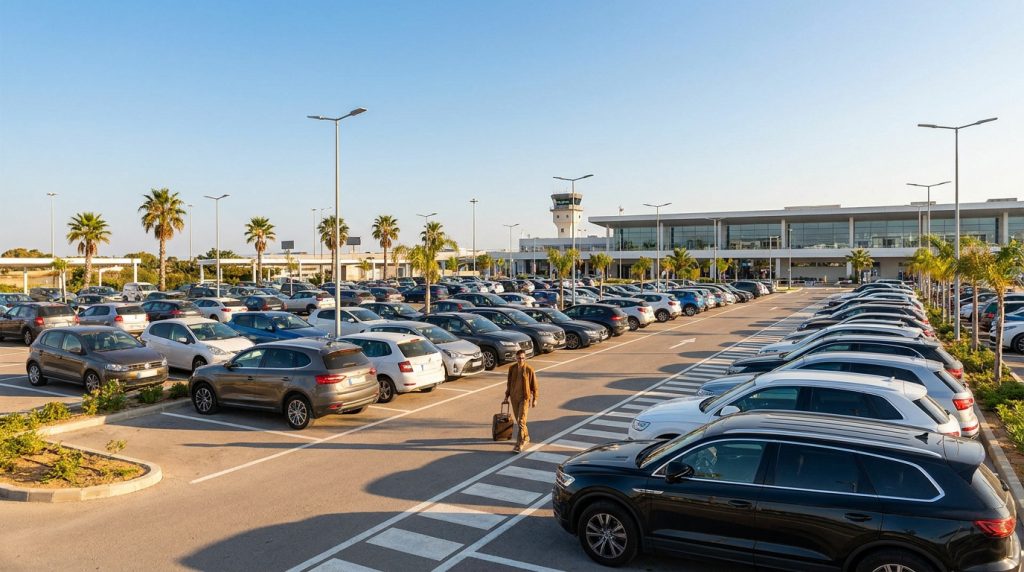 Un voyageur marche avec sa valise dans le parking extérieur ensoleillé de l'aéroport de Montpellier.