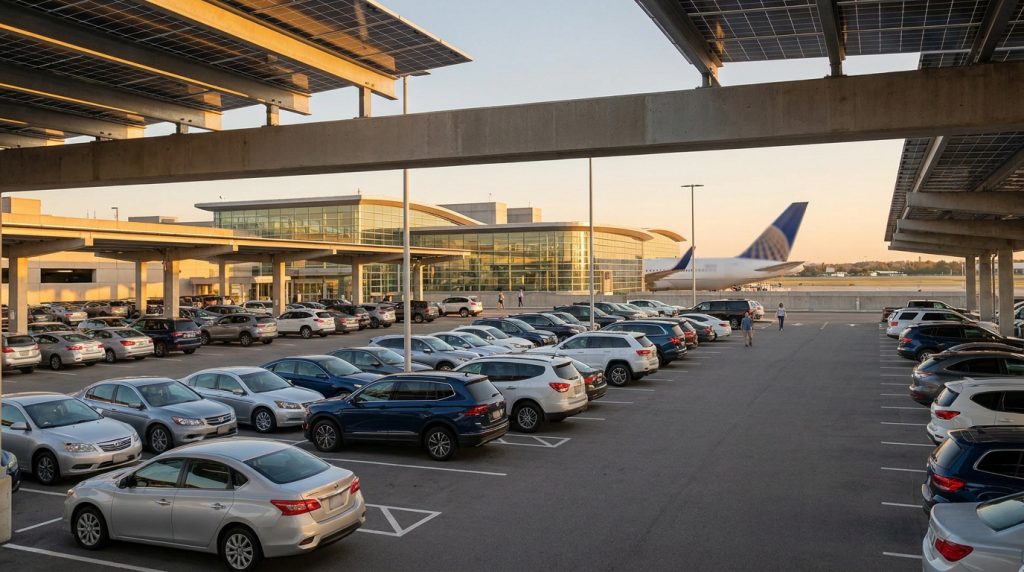 Parking extérieur couvert par des panneaux solaires devant le terminal d'un aéroport avec de nombreuses voitures garées.