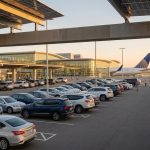 Parking extérieur couvert par des panneaux solaires devant le terminal d'un aéroport avec de nombreuses voitures garées.