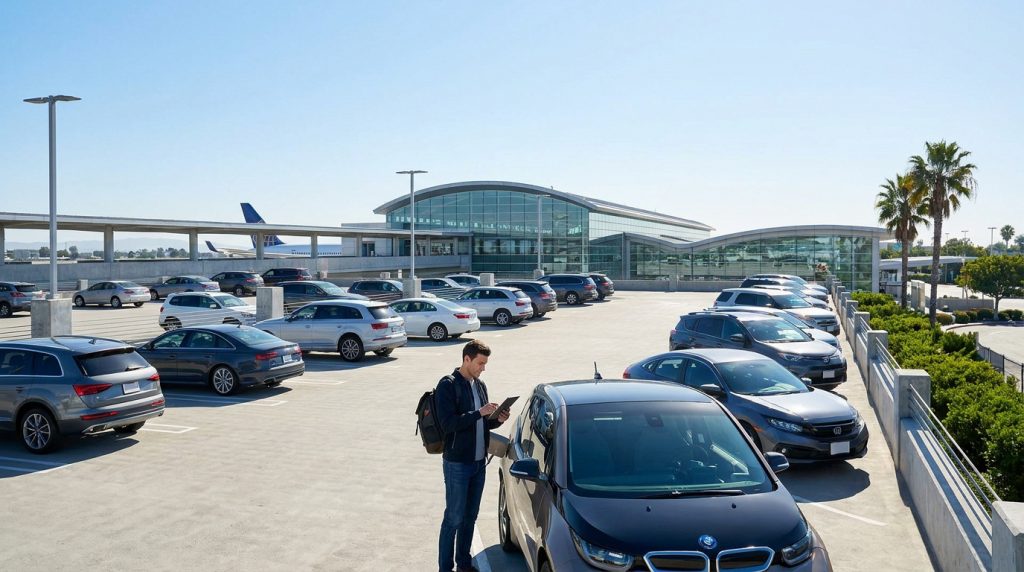 Un homme debout sur le toit d'un parking d'aéroport avec de nombreuses voitures garées et un avion en arrière-plan.