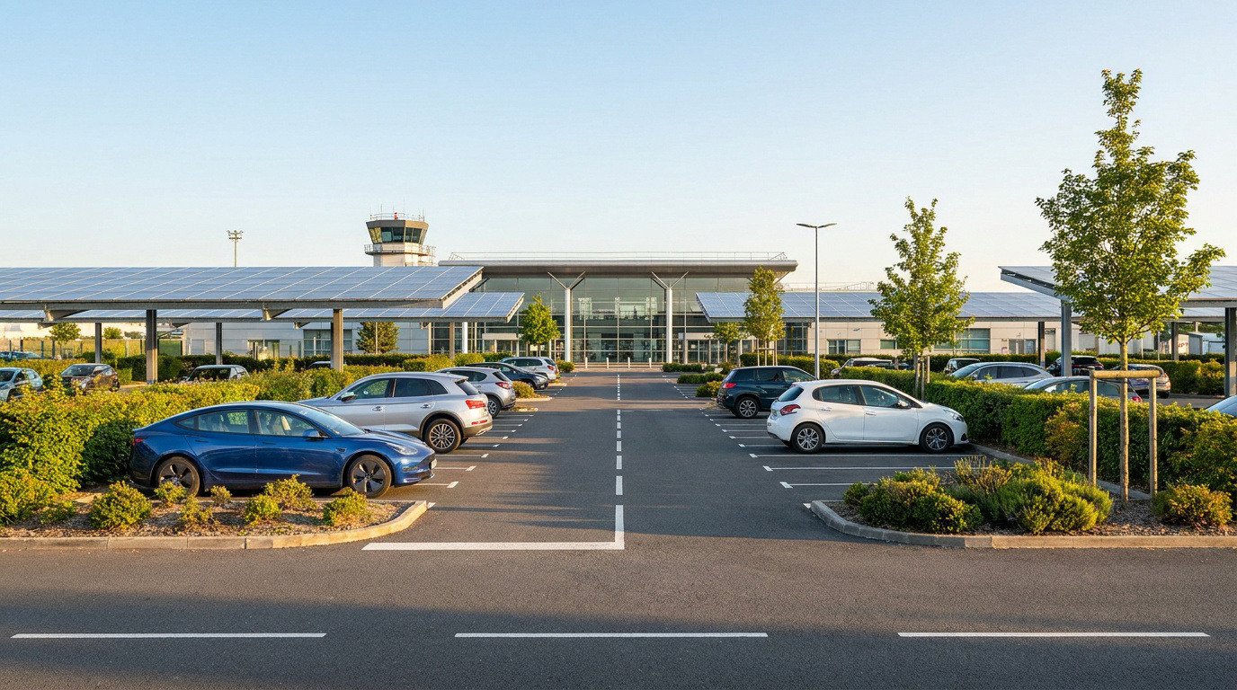 Voitures garées sous des ombrières photovoltaïques devant le terminal de l'aéroport de Beauvais.
