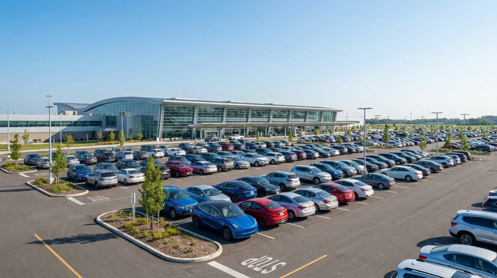 Vue aérienne d'un grand parking rempli de voitures devant l'aérogare moderne de l'aéroport de Strasbourg.