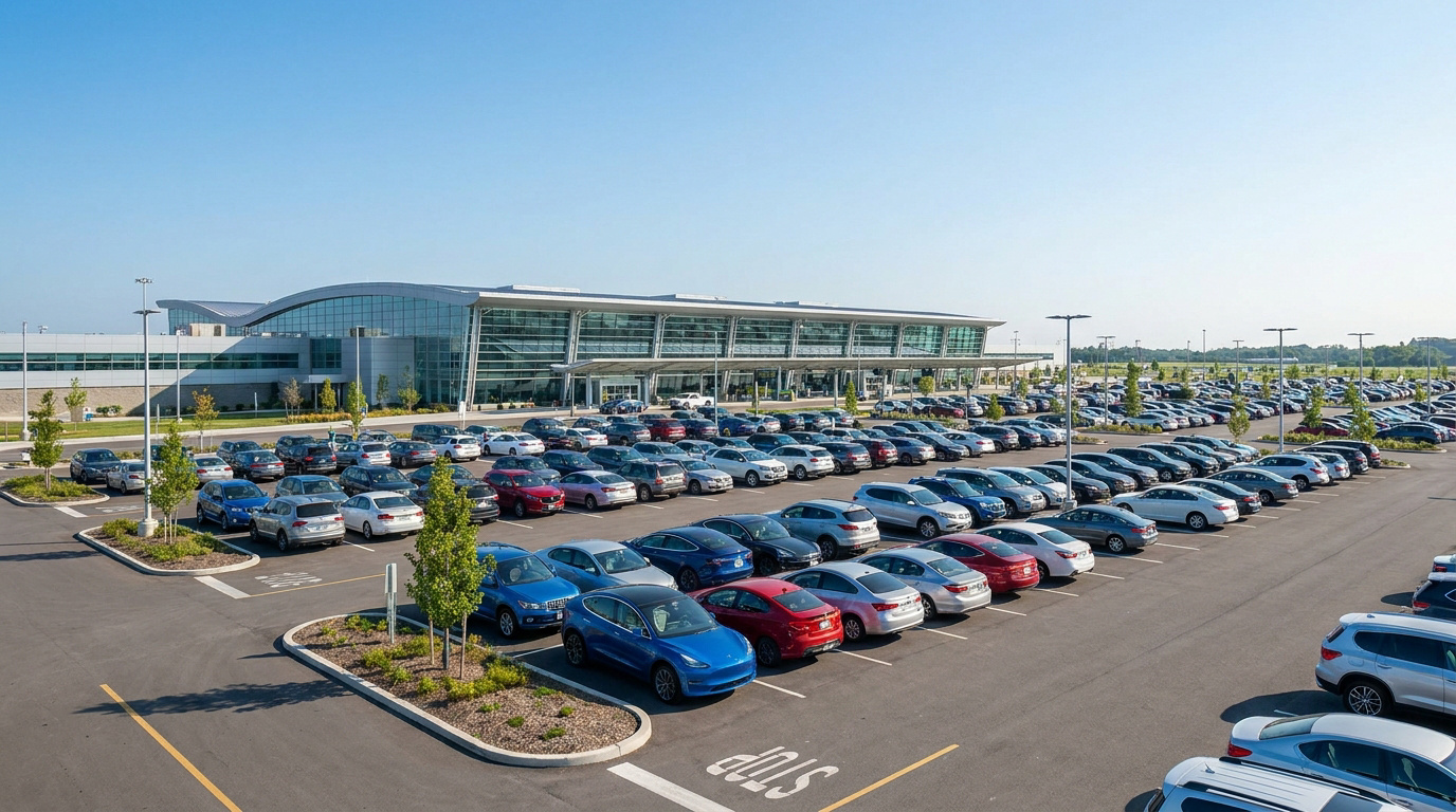 Vue aérienne d'un grand parking rempli de voitures devant l'aérogare moderne de l'aéroport de Strasbourg.