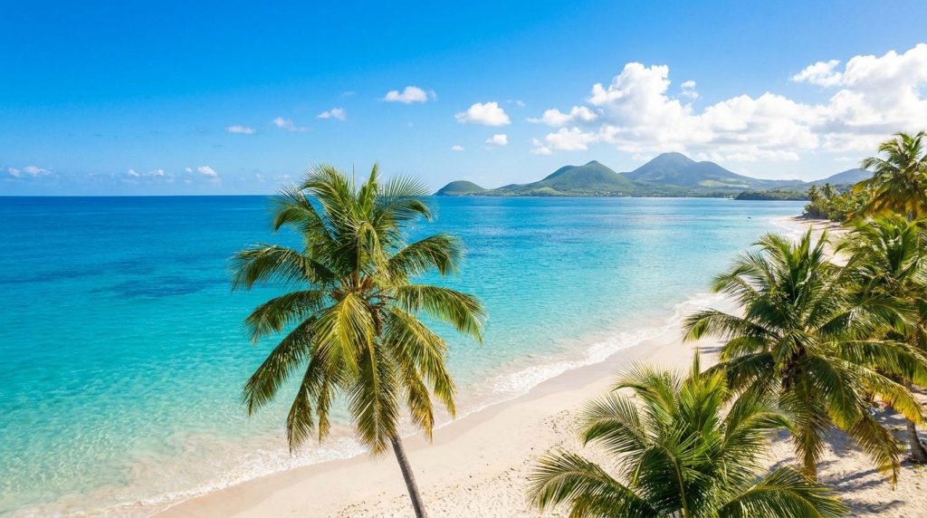 Plage de sable blanc bordée de palmiers avec une mer turquoise et des montagnes en arrière-plan sous un ciel bleu.