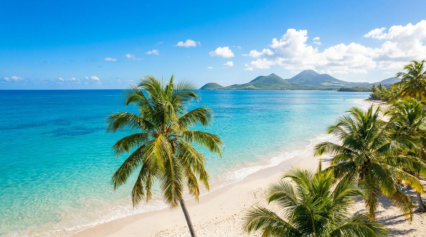 Plage de sable blanc bordée de palmiers avec une mer turquoise et des montagnes en arrière-plan sous un ciel bleu.