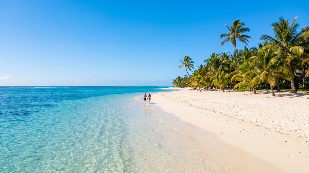 Un couple marche main dans la main sur une plage de sable blanc bordée de palmiers sous un ciel bleu à l'île Maurice.
