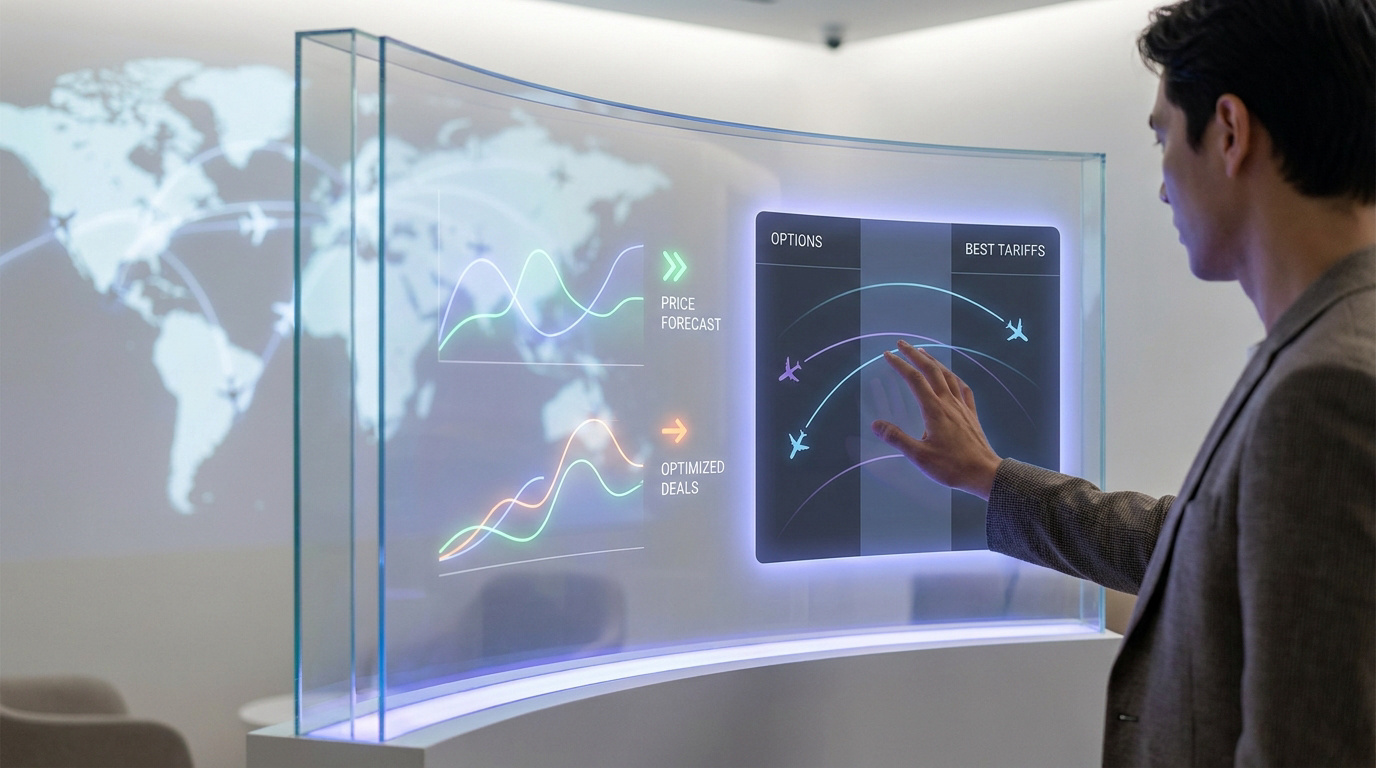 Un homme utilise une interface tactile transparente pour comparer des options et tarifs de vols sur une carte mondiale.
