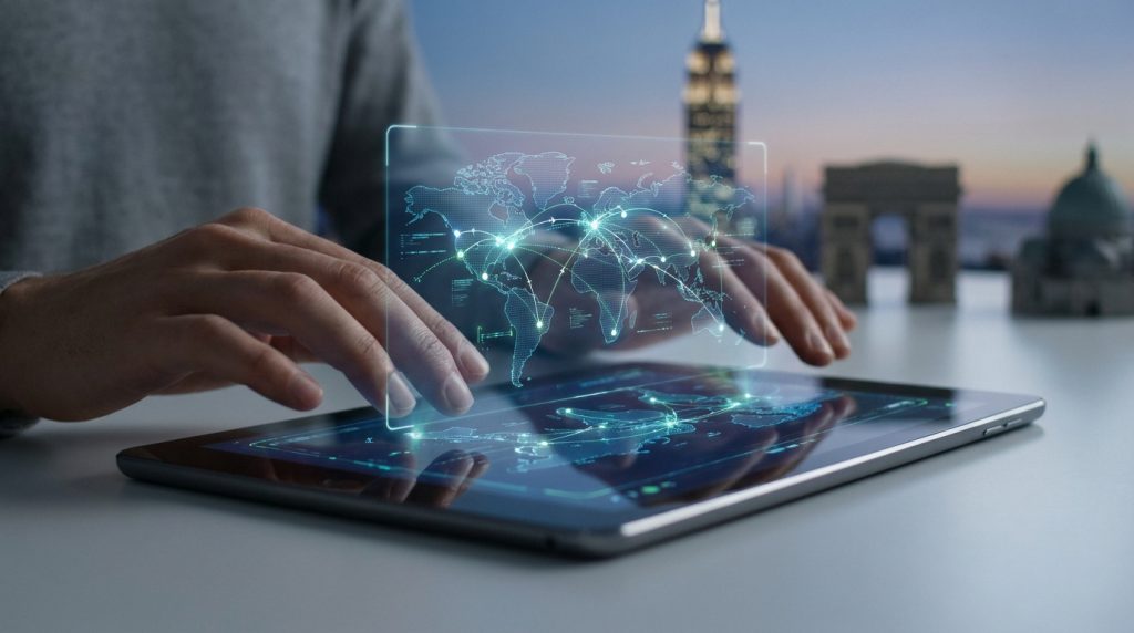 Mains interagissant avec une carte du monde holographique flottant au-dessus d'une tablette tactile numérique.