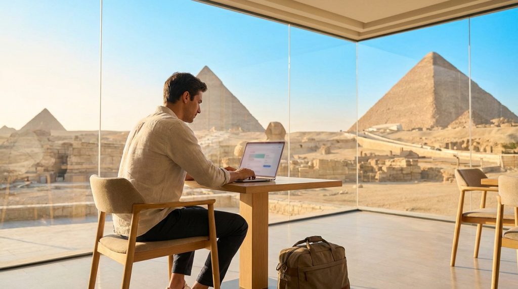 Un homme travaille sur son ordinateur face aux pyramides de Gizeh depuis une pièce moderne vitrée.