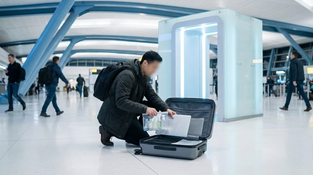 Un voyageur agenouillé dans un aéroport range ses liquides et son ordinateur dans sa valise ouverte.