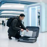 Un voyageur agenouillé dans un aéroport range ses liquides et son ordinateur dans sa valise ouverte.