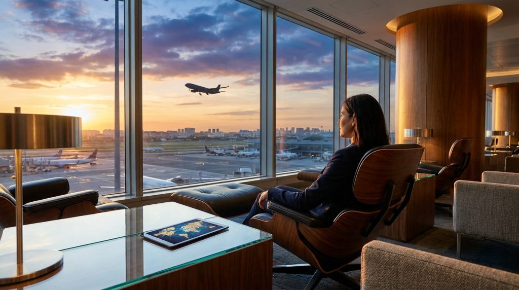 Une voyageuse assise dans un salon aéroport VIP luxueux regardant un avion décoller au coucher du soleil.