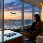 Une voyageuse assise dans un salon aéroport VIP luxueux regardant un avion décoller au coucher du soleil.