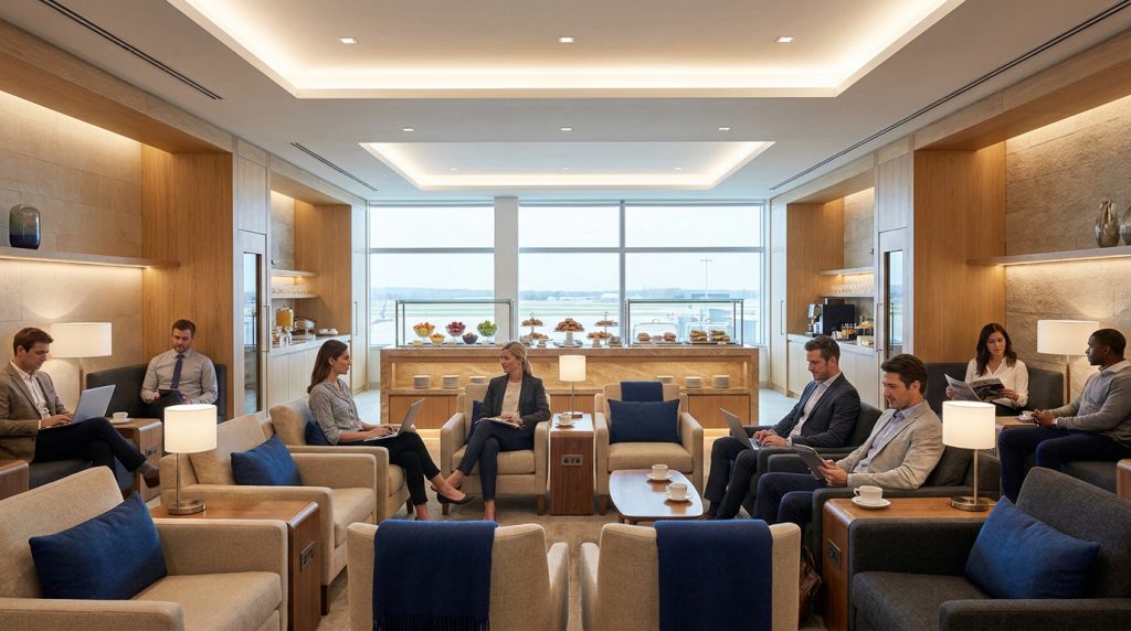 Voyageurs professionnels travaillant et se relaxant dans un salon d'aéroport moderne avec vue sur les pistes.