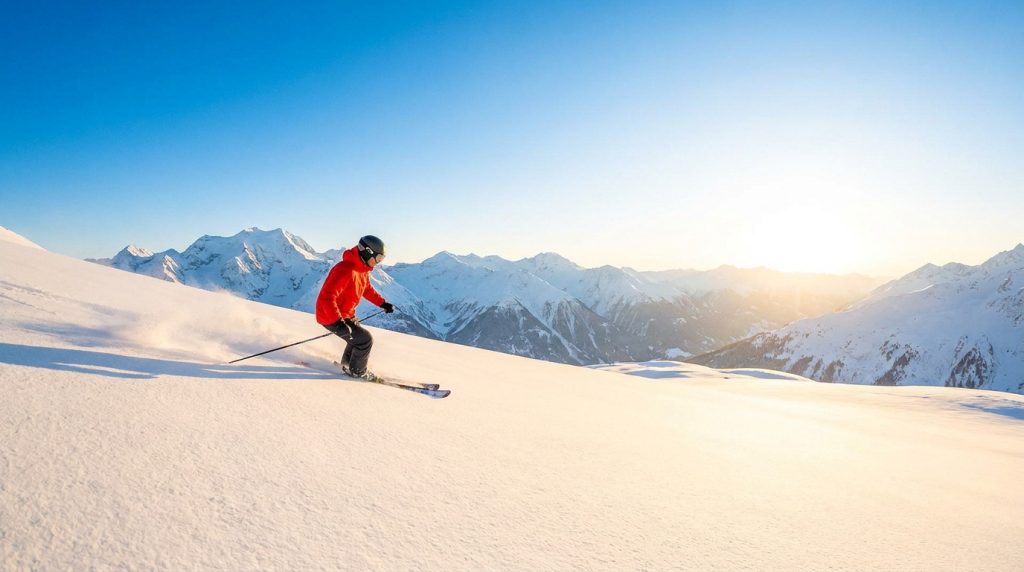 Un skieur en veste rouge dévale une pente enneigée face à un panorama de montagnes sous un soleil éclatant.