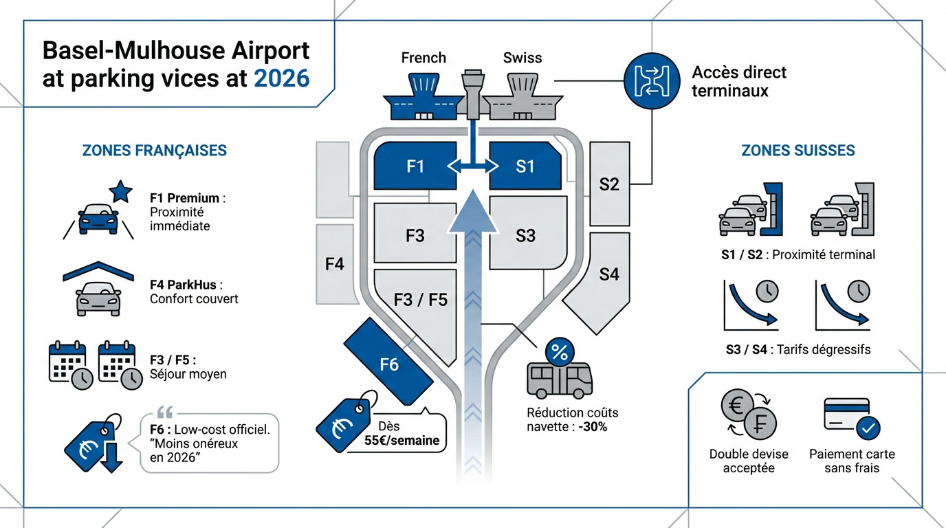 Zones de stationnement à l'aéroport Bâle-Mulhouse en 2026
